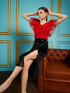 Women Red Frill Neck Top