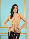 Women Beige Mesh Embellished Peplum Top