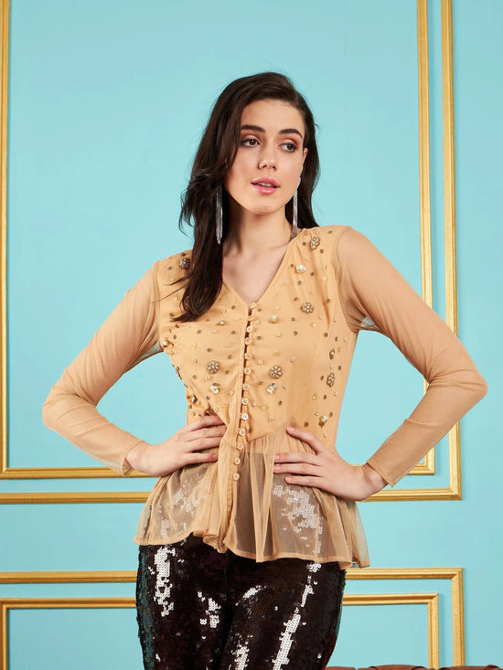 Women Beige Mesh Embellished Peplum Top