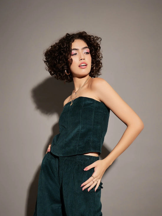 Women Emerald Corduroy Off Shoulder Crop Top