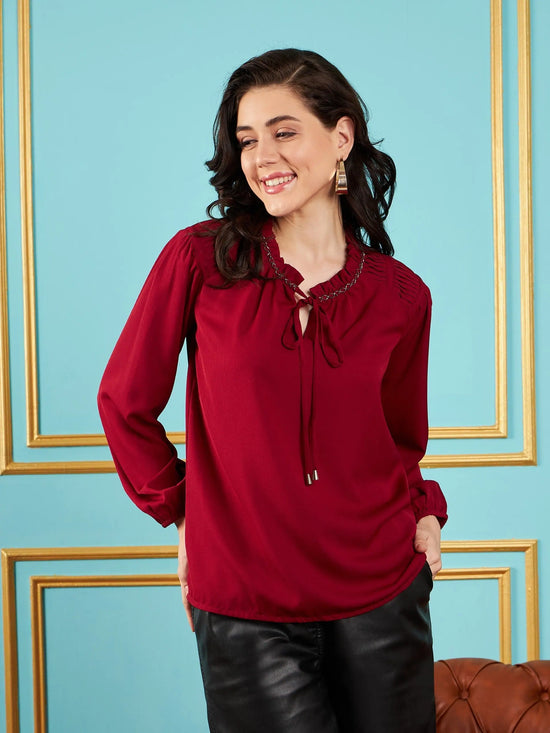 Women Maroon Puff Sleeves Embellished Top