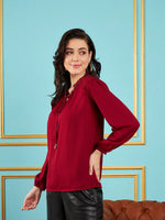 Women Maroon Puff Sleeves Embellished Top