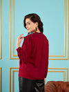 Women Maroon Puff Sleeves Embellished Top