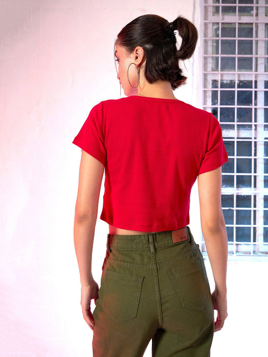 Women Red Front Button Crop Top