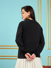 Women Black Puff Sleeves Embellished Top