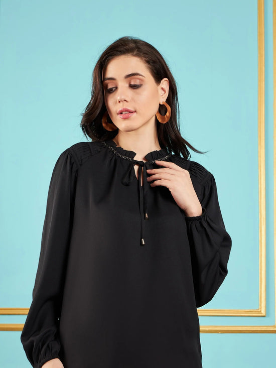 Women Black Puff Sleeves Embellished Top