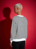 Women Black & White Striped Fleece Sweatshirt