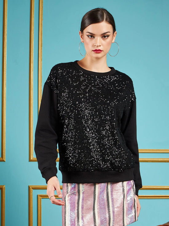 Women Black Sequin Oversized Sweatshirt