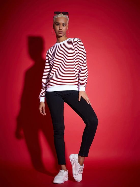 Women Red & White Striped Fleece Sweatshirt