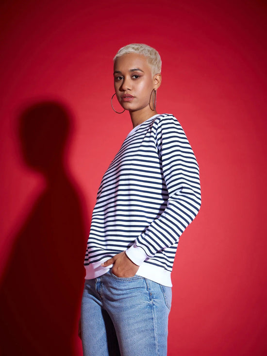 Women Navy & White Striped Fleece Sweatshirt