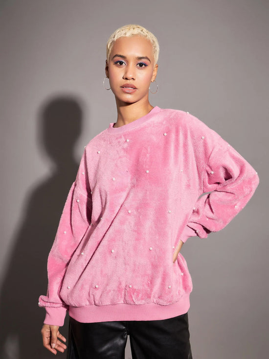 Women Pink Fur Pearl Sweatshirt