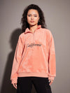 Women Pink Fur California Embroidered High Neck Sweatshirt