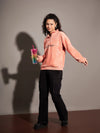 Women Pink Fur California Embroidered High Neck Sweatshirt