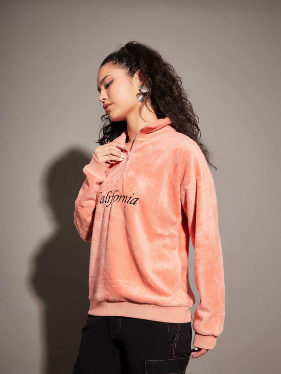 Women Pink Fur California Embroidered High Neck Sweatshirt