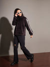 Women Black Fur Contrast Tape High Neck Sweatshirt