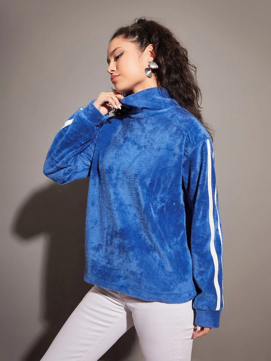 Women Royal Blue Fur Contrast Tape High Neck Sweatshirt