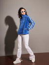 Women Royal Blue Fur Contrast Tape High Neck Sweatshirt