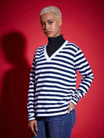 Women Navy & White Striped Sweater