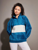 Women Airforce Blue Fur Colour Block High Neck Sweatshirt