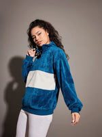 Women Airforce Blue Fur Colour Block High Neck Sweatshirt