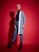 Women Navy & White Striped Front Open Sweater