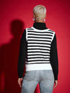 Women Black & White Striped V-Neck Sleeveless Sweater