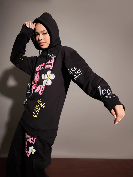 Women Black Lovely Fun Club Hoodie