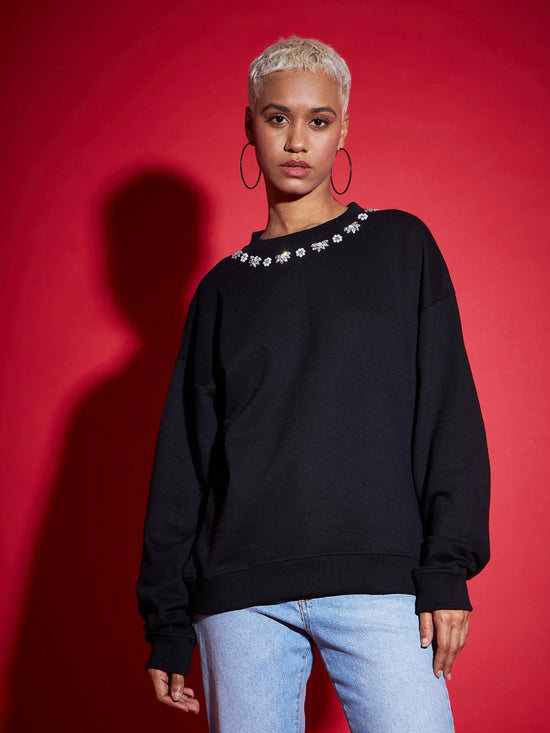 Women Black Terry Stud Pearl Oversized Sweatshirt