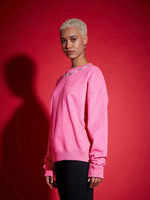 Women Pink Terry Stud Pearl Oversized Sweatshirt