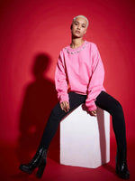 Women Pink Terry Stud Pearl Oversized Sweatshirt