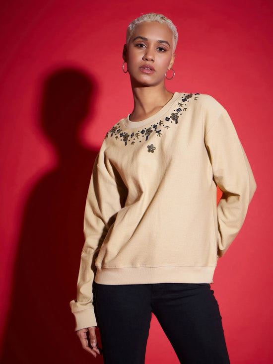 Women Beige Terry Neck Embroidered Reverse Terry Sweatshirt