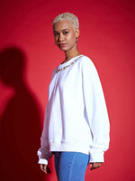 Women White Terry Neck Embroidered Oversized Sweatshirt