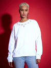 Women White Terry Neck Sequin Embellished Oversized Sweatshirt