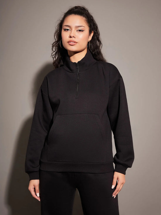 Women Black Fleece Front Zipper Sweatshirt