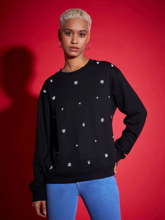 Women Black Terry All Over Pearl Sweatshirt