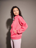 Women Pink Fleece Front Zipper Sweatshirt