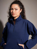 Women Navy Fleece Front Zipper Sweatshirt