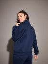 Women Navy Fleece Front Zipper Sweatshirt