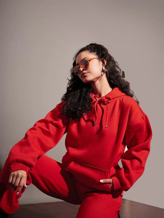 Women Red Fleece Oversized Hoodie