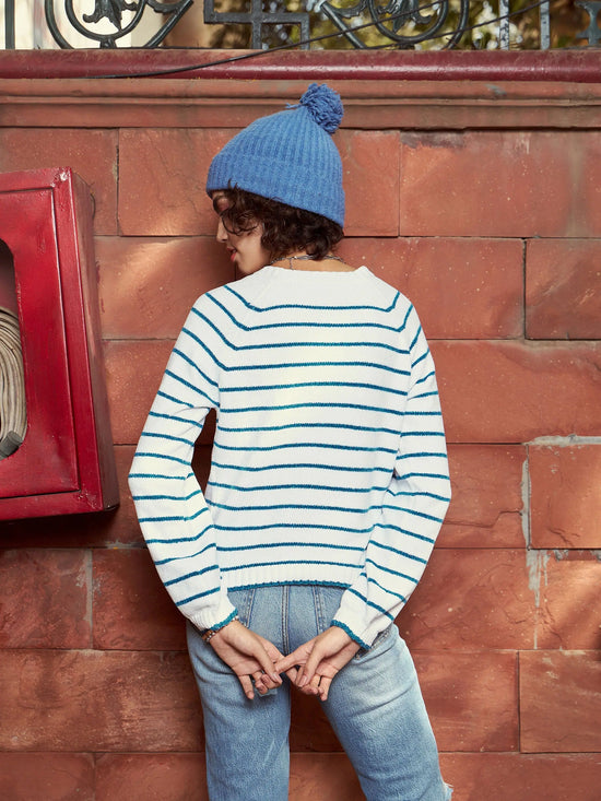 Women Blue & White Striped Full Sleeves Sweater