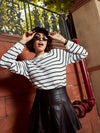 Women Black & White Striped Full Sleeves Sweater-SFSWSH7436XS