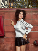 Women Black & White Striped Full Sleeves Sweater-SFSWSH7436XS