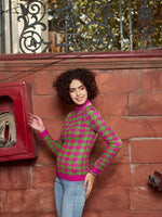 Women Pink And Green Houndstooth Sweater