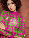 Women Pink And Green Houndstooth Sweater