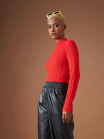 Women Red Rib Full Sleeves High Neck Sweater