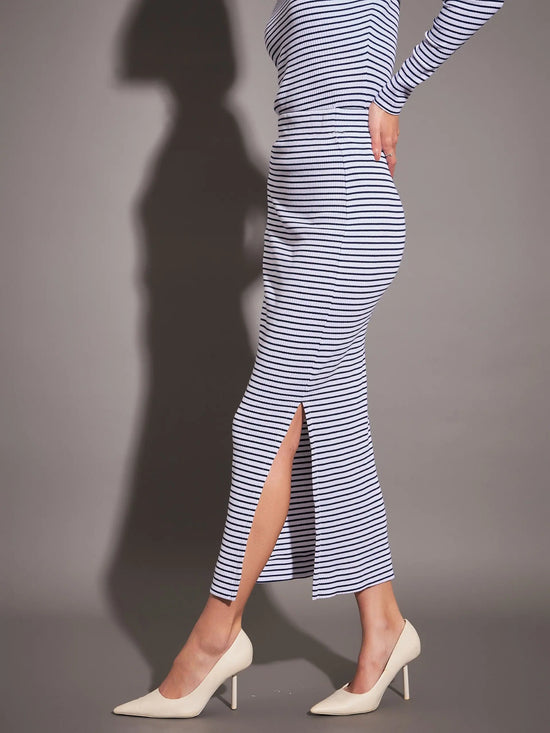 Women Navy & White Striped Rib Pencil Skirt