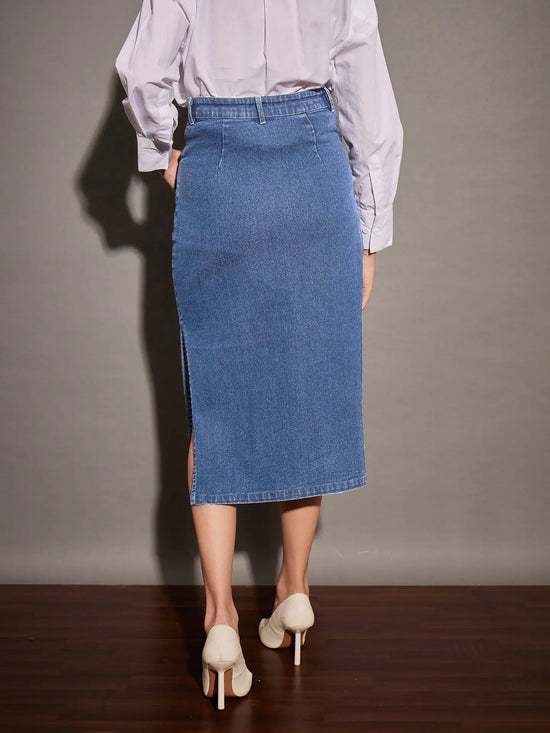 Women Ice Blue Denim Side Slit Midi Skirt