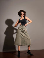 Women Beige Washed Denim A-Line Skirt