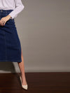 Women Navy Denim Side Slit Midi Skirt