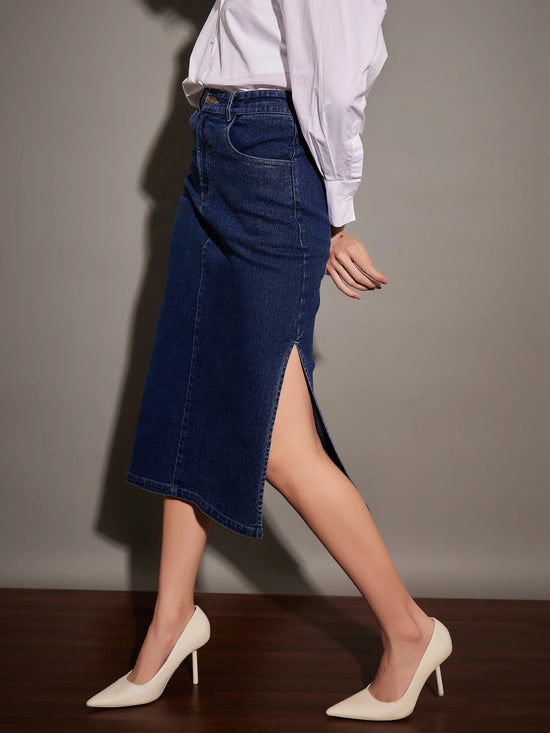 Women Navy Denim Side Slit Midi Skirt